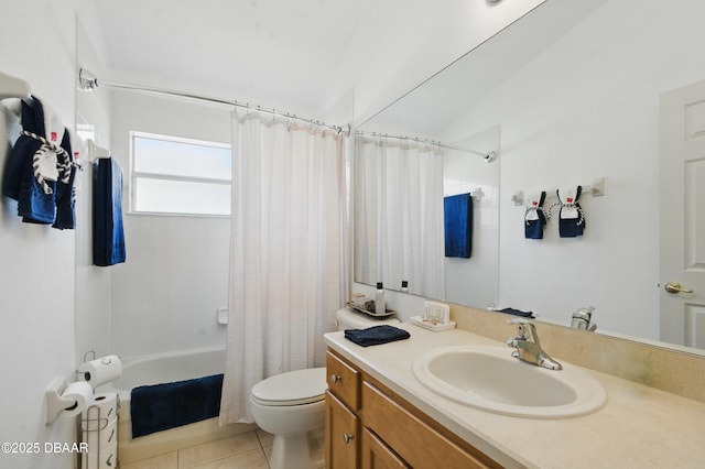 3348 Heath Dr, Deltona, FL 32725 - bathroom with vanity, toilet, shower / bathtub combination with curtain, tile patterned flooring, and lofted ceiling