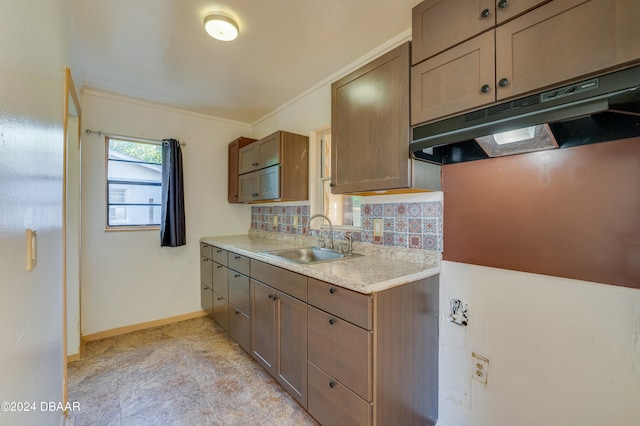 kitchen featuring ornamental molding, sink, and tasteful backsplash