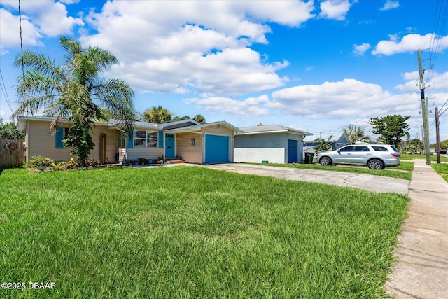 ranch-style home with a garage and a front yard