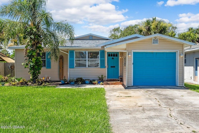 single story home with a garage and a front yard