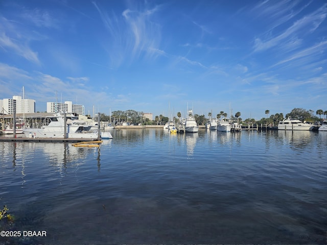 view of dock with a water view