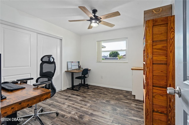 home office featuring dark hardwood / wood-style floors and ceiling fan