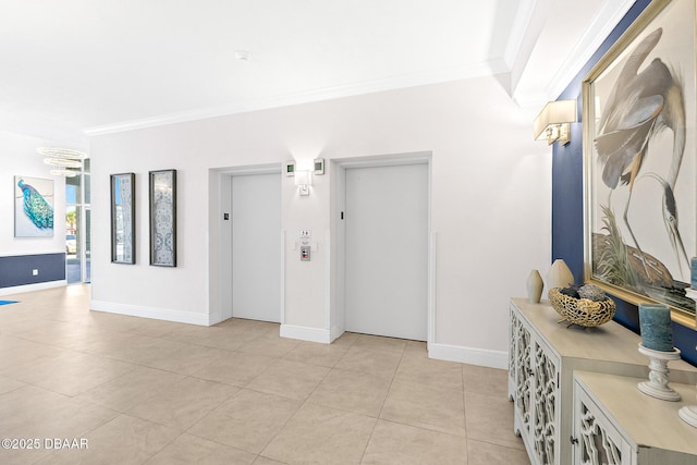 interior space with crown molding, elevator, and light tile patterned flooring