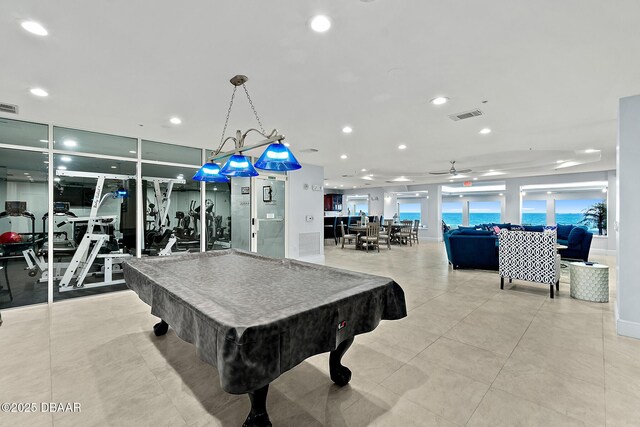 playroom featuring light tile patterned flooring, ceiling fan, and billiards