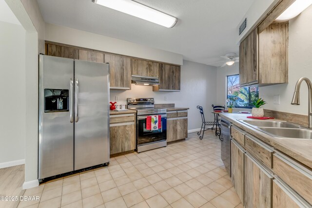 kitchen with sink, ceiling fan, and appliances with stainless steel finishes