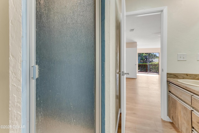 bathroom featuring visible vents, wood finished floors, and vanity