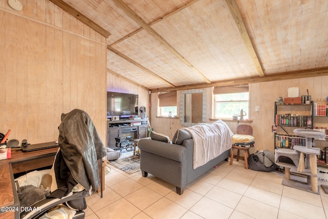 living room with wood walls, wood ceiling, tile patterned floors, and lofted ceiling