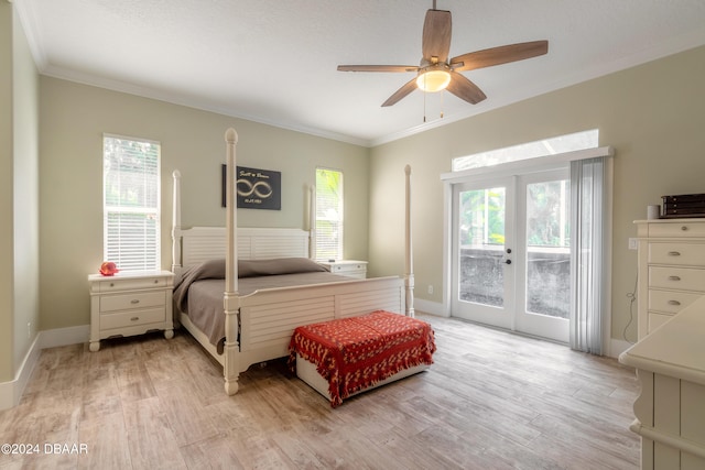 bedroom featuring french doors, ornamental molding, access to exterior, ceiling fan, and light hardwood / wood-style flooring