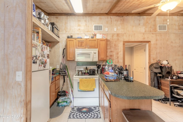 kitchen with wood walls, white appliances, wood ceiling, and light tile patterned floors