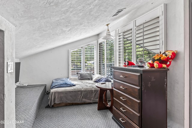 bedroom featuring a textured ceiling and lofted ceiling