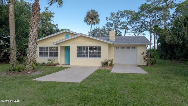 1949 Bayview Dr, New Smyrna Beach, FL 32168 - ranch-style home featuring a chimney, a front yard, a garage, and stucco siding