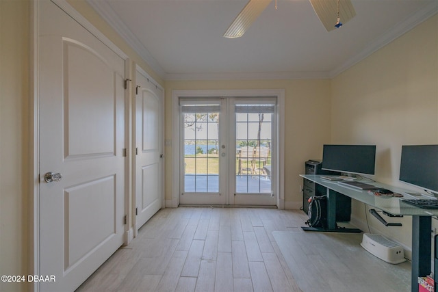 home office featuring ceiling fan, light wood-type flooring, crown molding, and french doors