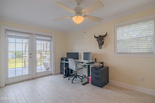 home office featuring french doors, light hardwood / wood-style flooring, ceiling fan, and crown molding