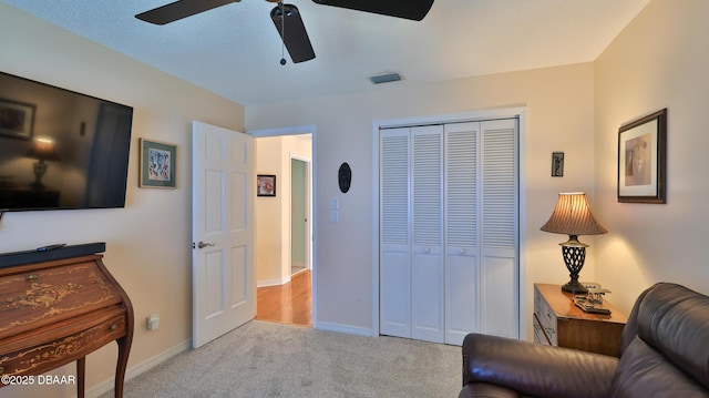 2942 Sea Oats Cir, Daytona Beach, FL 32118 - sitting room with visible vents, baseboards, a ceiling fan, and carpet flooring