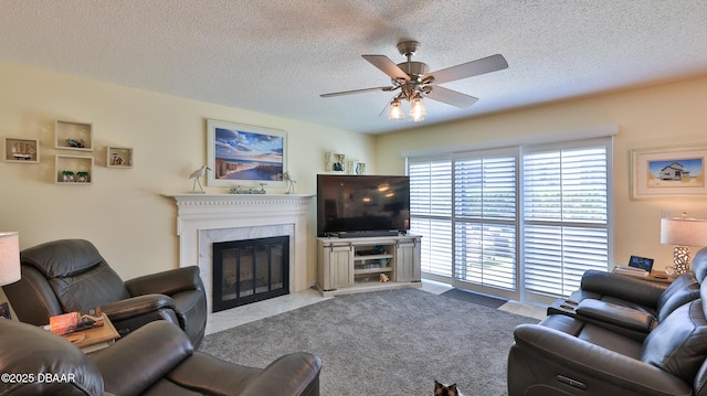 2942 Sea Oats Cir, Daytona Beach, FL 32118 - living room with ceiling fan, a premium fireplace, and a textured ceiling
