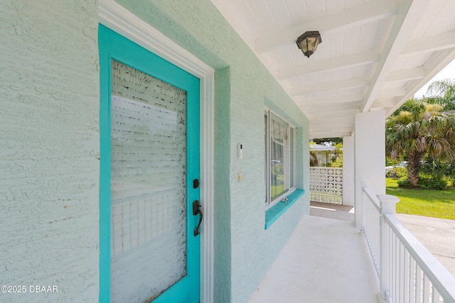 59 Arroyo Pkwy, Ormond Beach, FL 32174 - view of exterior entry featuring a porch and stucco siding