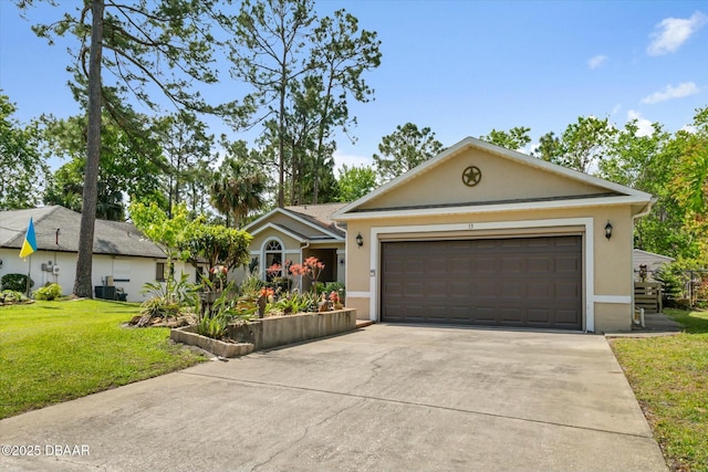 ranch-style house featuring central AC, a garage, stucco siding, a front lawn, and driveway