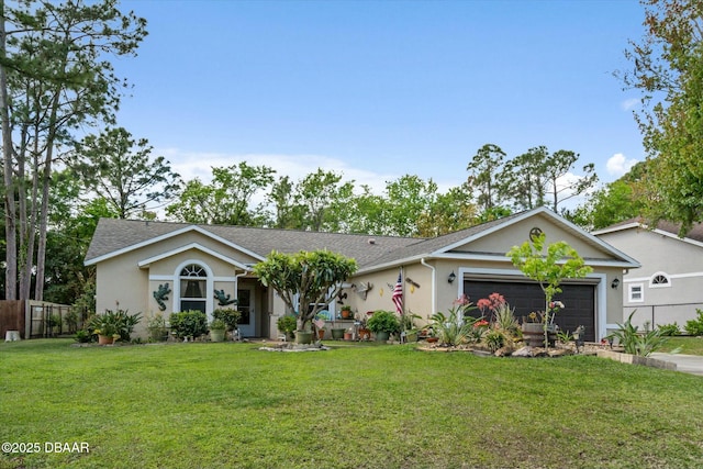 ranch-style home featuring a garage, stucco siding, fence, and a front lawn