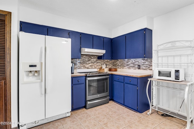 kitchen featuring backsplash, white appliances, and blue cabinets