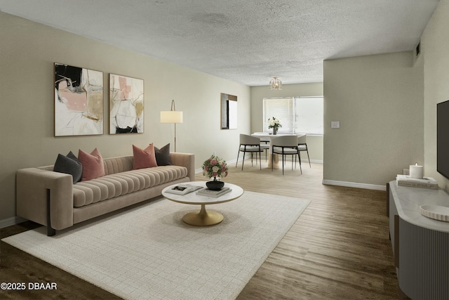 living room with visible vents, baseboards, a textured ceiling, and wood finished floors