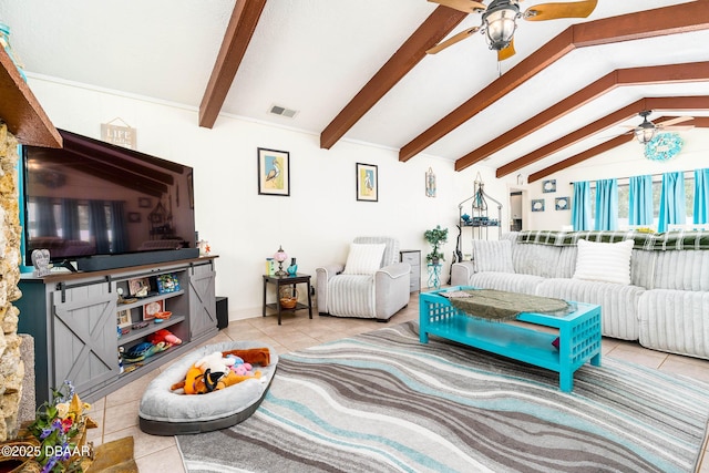 tiled living room featuring visible vents, lofted ceiling with beams, and a ceiling fan