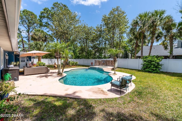 view of swimming pool with a fenced in pool, a yard, a patio, and a fenced backyard
