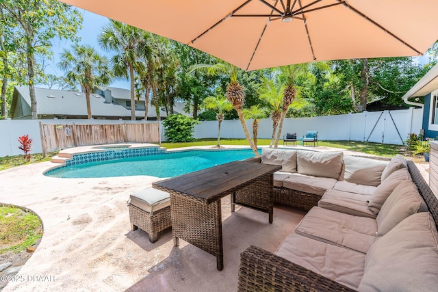 view of pool with a fenced in pool, a patio area, an outdoor living space, and a fenced backyard