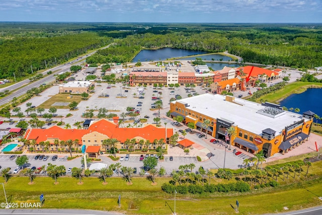 birds eye view of property featuring a water view and a forest view