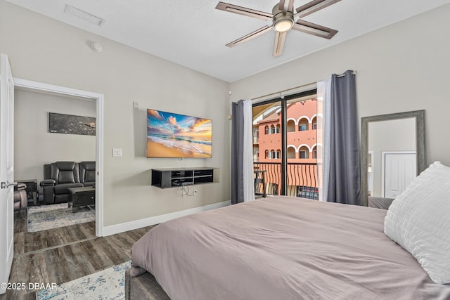 bedroom with baseboards, a ceiling fan, wood finished floors, and access to outside