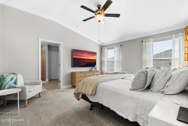 bedroom featuring ceiling fan, crown molding, light carpet, and vaulted ceiling