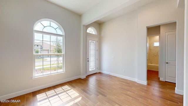 foyer entrance featuring a healthy amount of sunlight, baseboards, and light wood finished floors