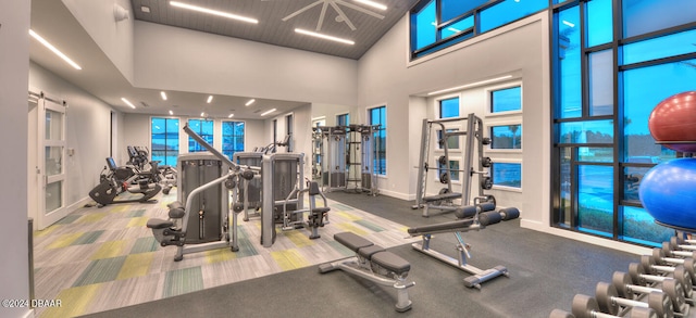 exercise room featuring a high ceiling and baseboards