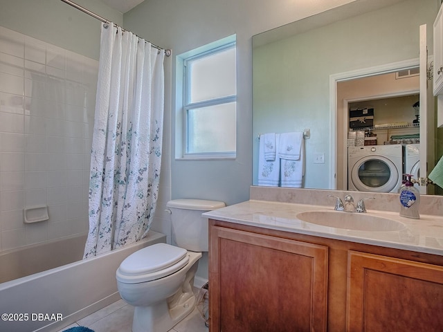 full bathroom with washing machine and dryer, shower / tub combo with curtain, toilet, and vanity