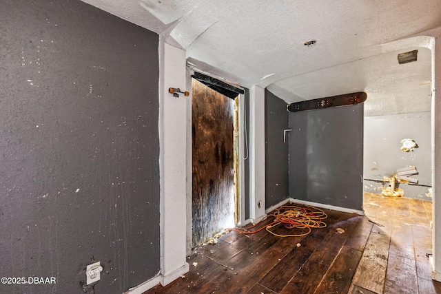 interior space featuring lofted ceiling, wood-type flooring, and a textured ceiling