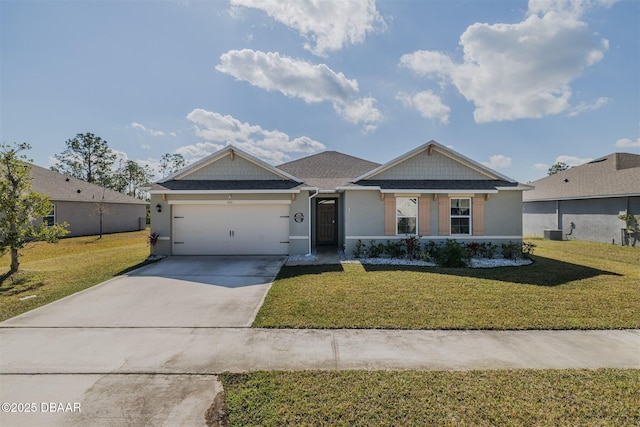 ranch-style house featuring cooling unit, a garage, and a front yard