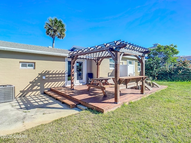 view of patio / terrace featuring a pergola, a wooden deck, and central AC unit