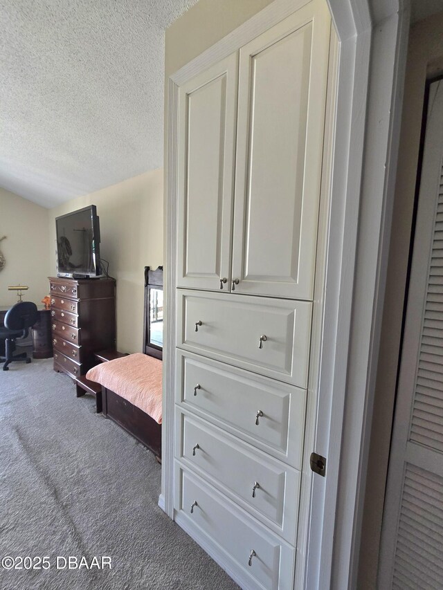 bedroom featuring ceiling fan, access to exterior, high vaulted ceiling, and carpet