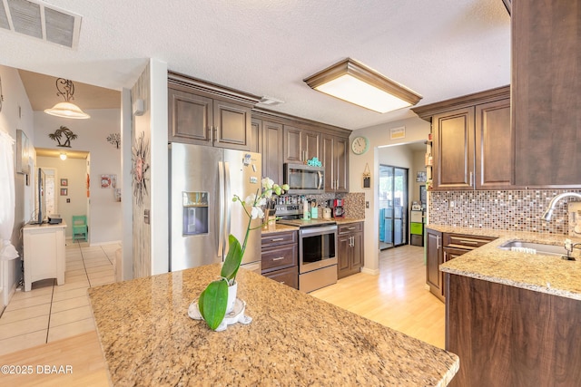 kitchen with visible vents, light stone counters, decorative backsplash, stainless steel appliances, and a sink