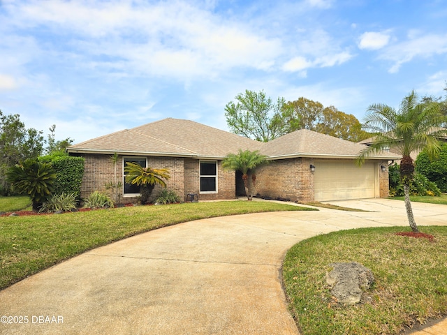 view of front of home with a shingled roof, concrete driveway, a front lawn, a garage, and brick siding