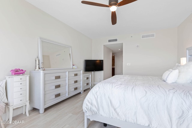 bedroom featuring ceiling fan and light wood-type flooring