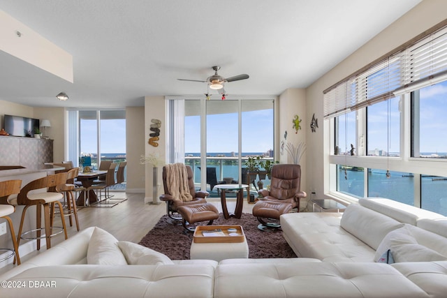 living room with light hardwood / wood-style floors and ceiling fan