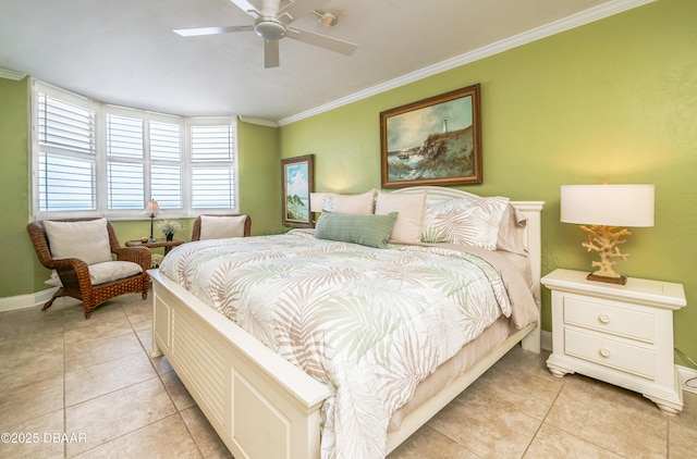 4545 S Atlantic Ave Unit 3704, Ponce Inlet, FL 32127 - bedroom with light tile patterned floors, crown molding, baseboards, and ceiling fan