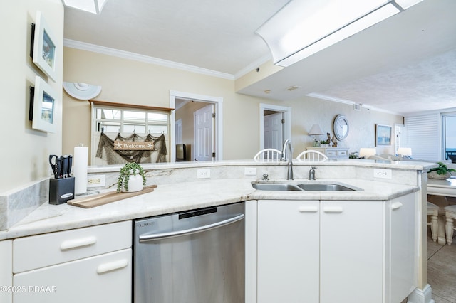 4545 S Atlantic Ave Unit 3704, Ponce Inlet, FL 32127 - kitchen featuring a sink, open floor plan, white cabinetry, stainless steel dishwasher, and ornamental molding