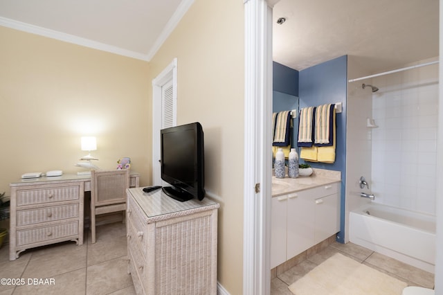 4545 S Atlantic Ave Unit 3704, Ponce Inlet, FL 32127 - full bath with tile patterned floors, vanity, crown molding, and shower / tub combination