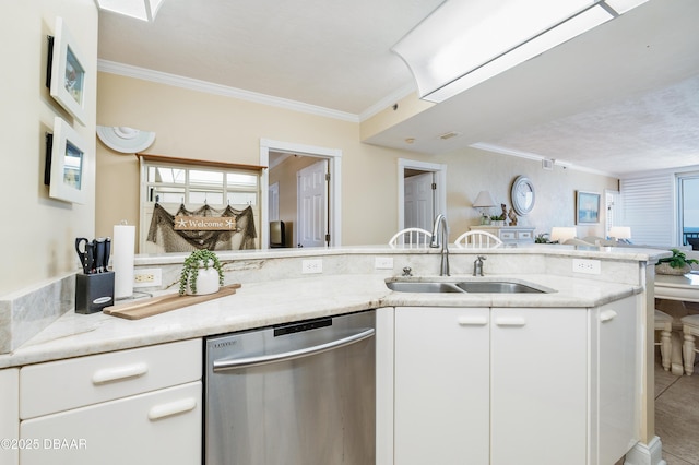 4545 S Atlantic Ave Unit 3704, Ponce Inlet, FL 32127 - kitchen featuring stainless steel dishwasher, a sink, open floor plan, ornamental molding, and white cabinets
