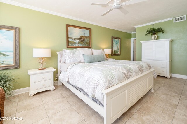 4545 S Atlantic Ave Unit 3704, Ponce Inlet, FL 32127 - bedroom featuring baseboards, light tile patterned floors, ceiling fan, visible vents, and crown molding