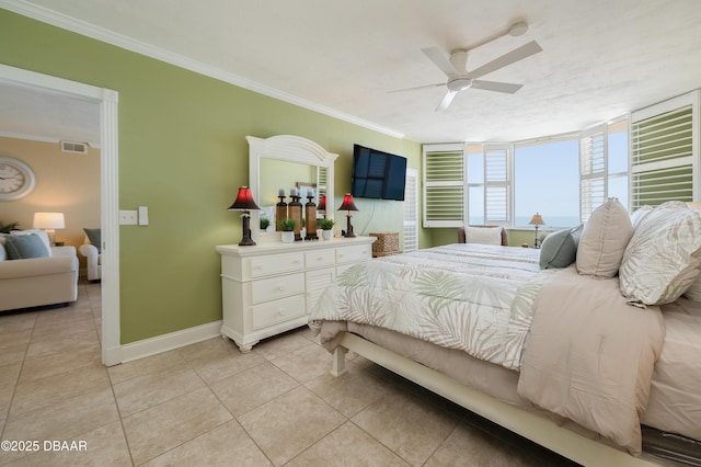 4545 S Atlantic Ave Unit 3704, Ponce Inlet, FL 32127 - bedroom featuring light tile patterned floors, ornamental molding, ceiling fan, and baseboards