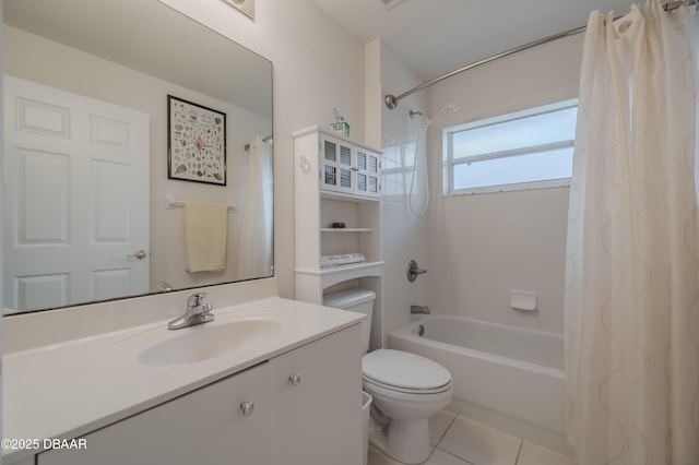 full bathroom featuring vanity, shower / tub combo, tile patterned floors, and toilet