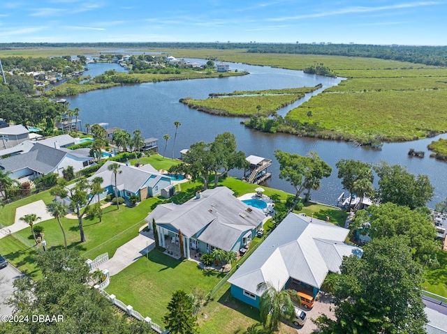 aerial view featuring a water view