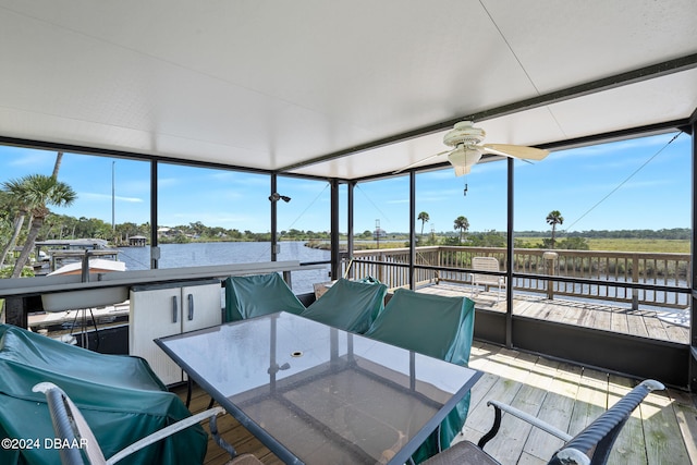 sunroom / solarium with ceiling fan and a water view